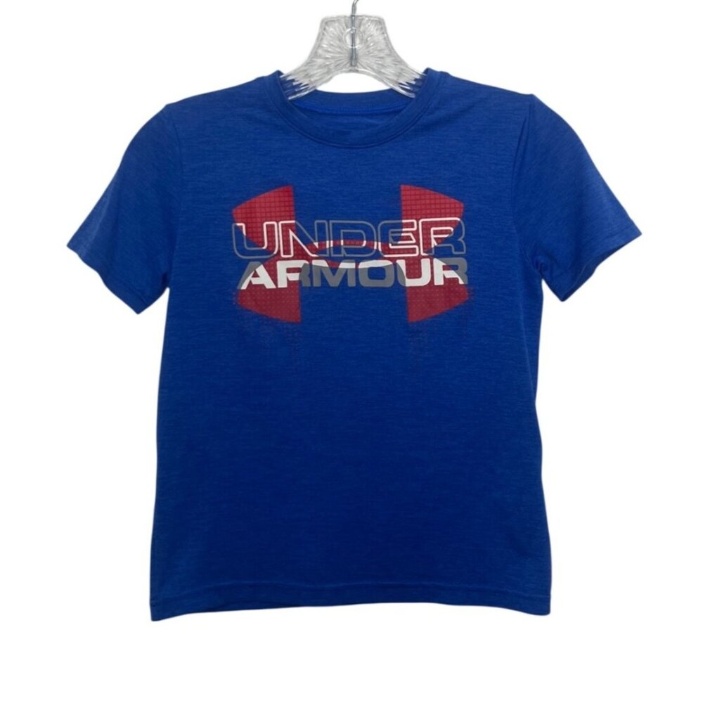 Under Armour Boys Tshirt HeatGear Youth Small Blue Short Sleeve Logo Graphic